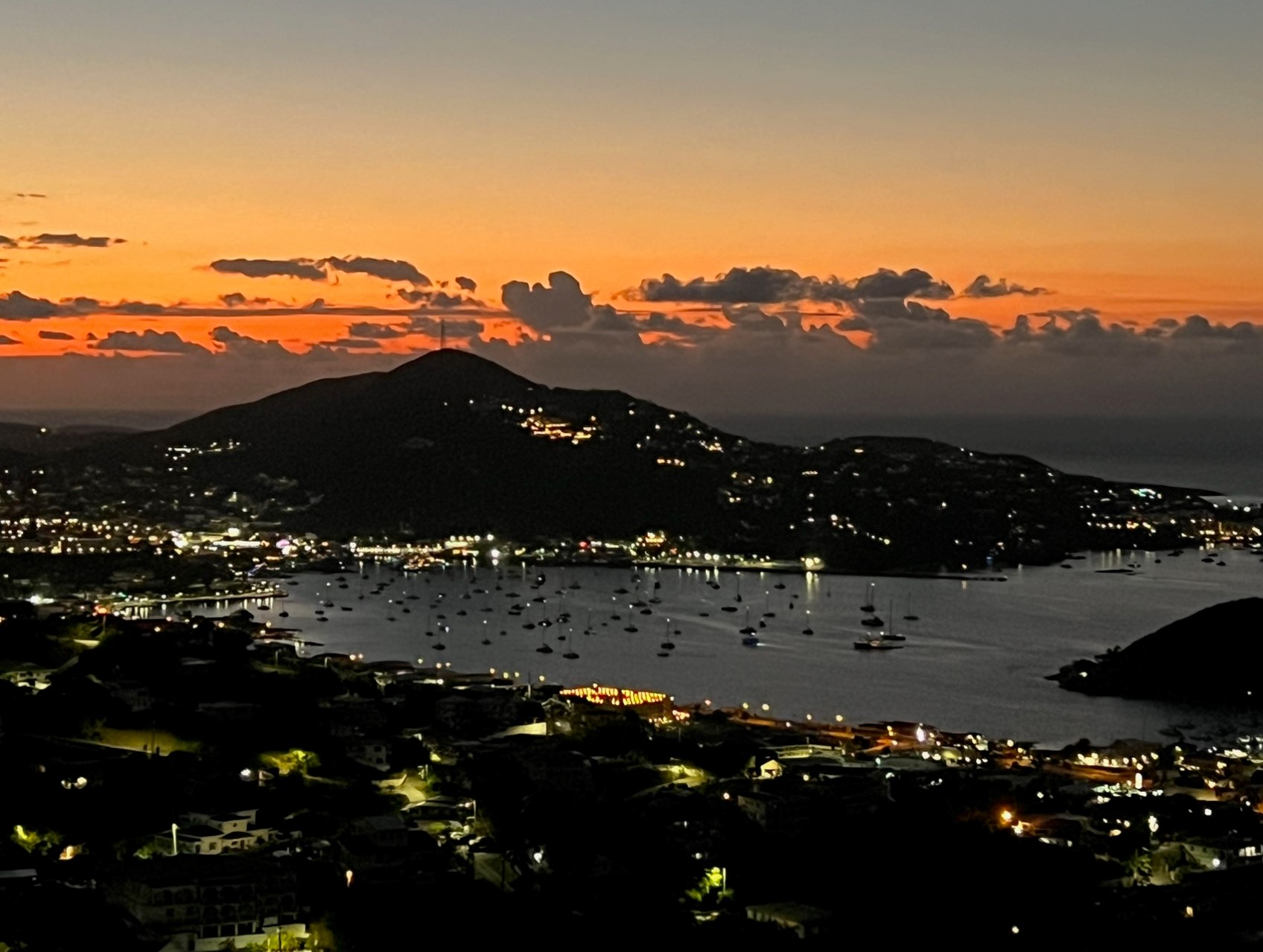 Photo overlooking Charlotte Amalie, during a sunset. 